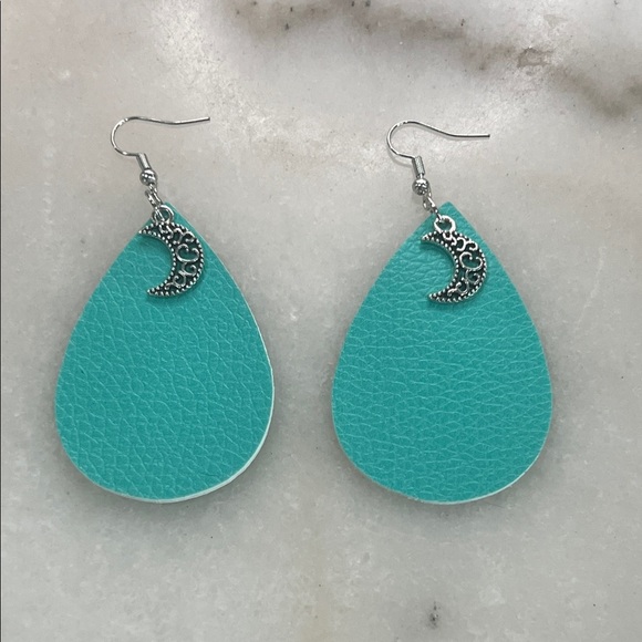 Turquoise Teardrop Earrings with Silver Moon Charm - Picture 1 of 4